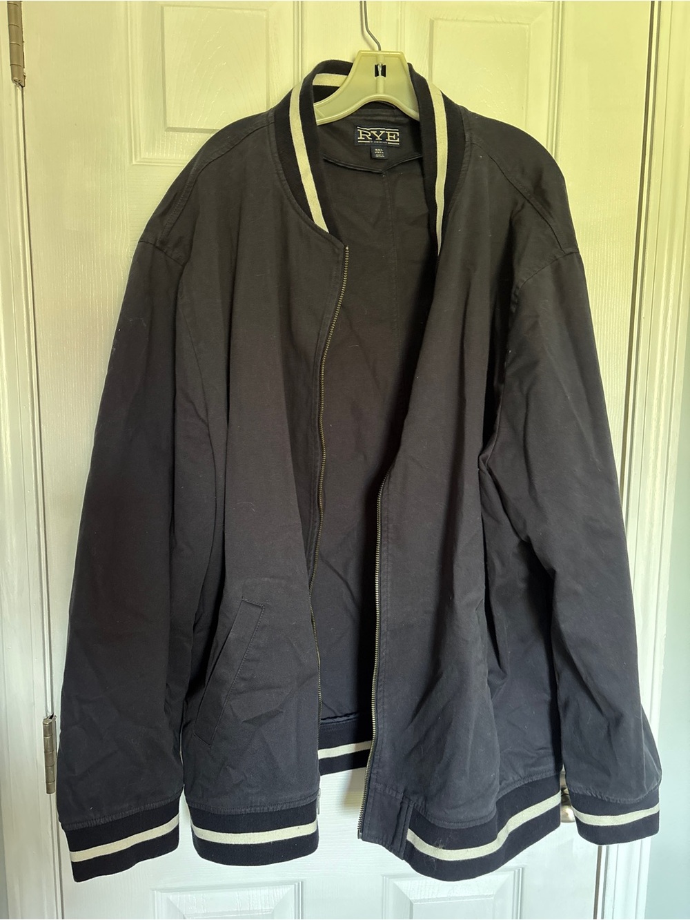 Rye Black Bomber Jacket with Cream Stripe Trim